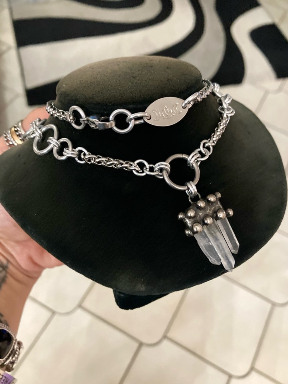 Handmade Genuine raw crystal quartz maille stainless steel boho goth necklace - Picture 7 of 16